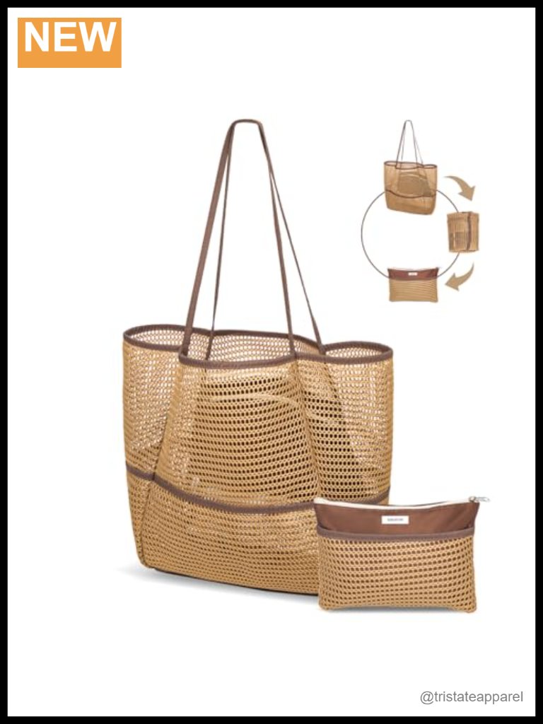 2-In-1 Packable Mesh Beach Tote With Multiple Pockets, Foldable Travel Bag